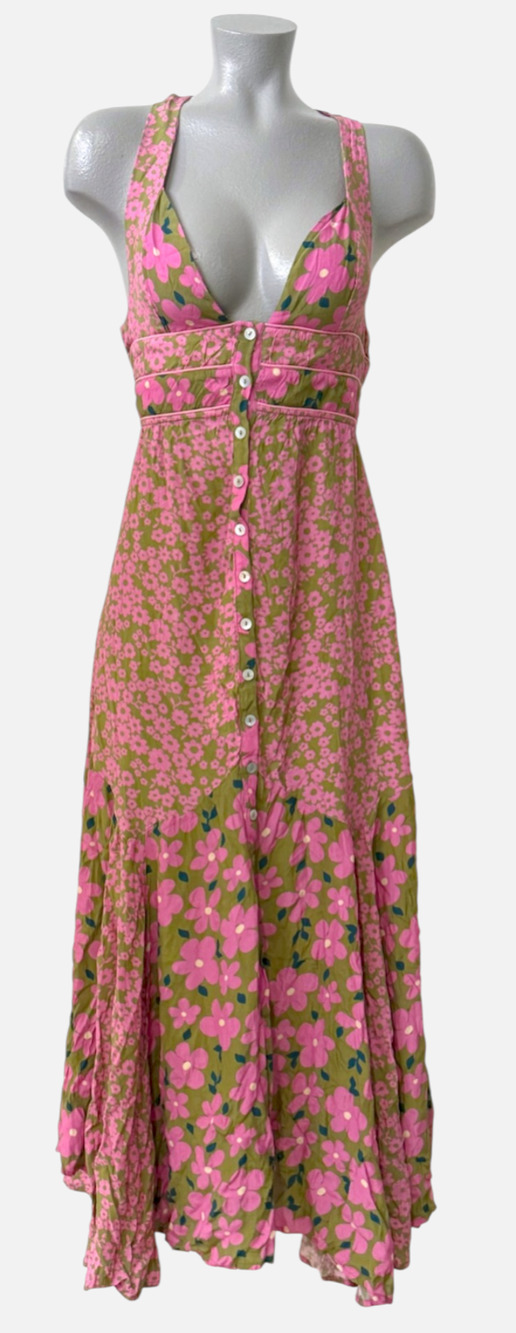 FREE PEOPLE PINK GREEN FLORAL DEWBERRY BUTTON FRONT STRAPPY BACK MAXI DRESS XS
